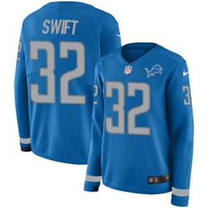 Alluring Chic Lions #32 D'Andre Swift Blue Team Color Women's Stitched NFL Limited Therma Long Sleeve Jersey