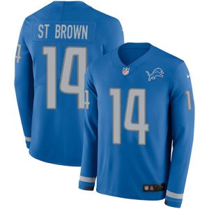 Alluring Comfortable Lions #14 Amon-Ra St. Brown Blue Team Color Youth Stitched NFL Limited Therma Long Sleeve Jersey