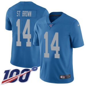 Alluring Outstanding Handsome Lions #14 Amon-Ra St. Brown Blue Throwback Youth Stitched NFL 100th Season Vapor Untouchable Limited Jersey