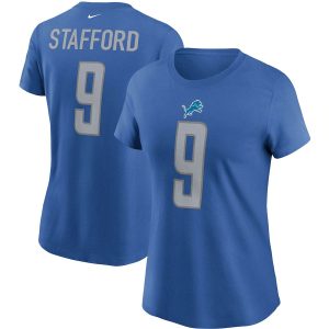 Alluring Outstanding Handsome Trendy Detroit Lions #9 Matthew Stafford Women's Team Player Name & Number T-Shirt Blue