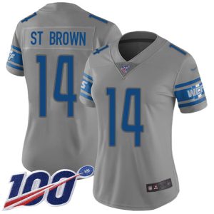 Attractive Comfortable Sleek Lions #14 Amon-Ra St. Brown Gray Women's Stitched NFL Limited Inverted Legend 100th Season Jersey