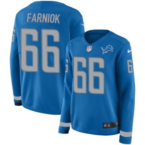 Attractive Marvelous Outstanding Lions #66 Matt Farniok Blue Team Color Women's Stitched NFL Limited Therma Long Sleeve Jersey