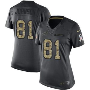 Authentic Alluring Lions #81 Calvin Johnson Black Women's Stitched NFL Limited 2016 Salute to Service Jersey
