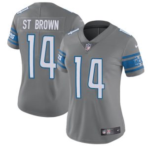 Authentic Outstanding Lions #14 Amon-Ra St. Brown Gray Women's Stitched NFL Limited Rush Jersey
