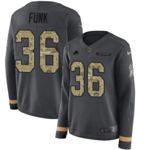 Chic Gorgeous Impressive Lions #36 Jake Funk Anthracite Salute to Service Women's Stitched NFL Limited Therma Long Sleeve Jersey