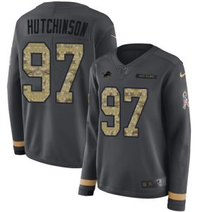 Classic Impressive Lions #97 Aidan Hutchinson Anthracite Salute to Service Women's Stitched NFL Limited Therma Long Sleeve Jersey