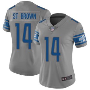 Classic Luxurious Trendy Fantastic Lions #14 Amon-Ra St. Brown Gray Women's Stitched NFL Limited Inverted Legend Jersey
