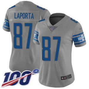 Comfortable Stylish Smart Stunning Lions #87 Sam LaPorta Gray Women's Stitched NFL Limited Inverted Legend 100th Season Jersey