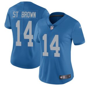 Cool Graceful Sleek Superb Lions #14 Amon-Ra St. Brown Blue Throwback Women's Stitched NFL Vapor Untouchable Limited Jersey