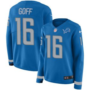 Cool High Quality Detroit Lions #16 Jared Goff Blue Team Color Women's Stitched NFL Limited Therma Long Sleeve Jersey