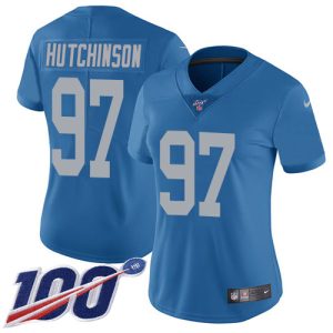 Cool Outstanding Stunning Authentic Lions #97 Aidan Hutchinson Blue Throwback Women's Stitched NFL 100th Season Vapor Untouchable Limited Jersey