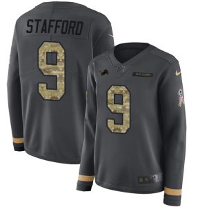 Dashing Superb Lions #9 Matthew Stafford Anthracite Salute to Service Women's Stitched NFL Limited Therma Long Sleeve Jersey