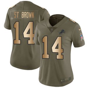 Elegant Authentic Trendy Eye - catching Lions #14 Amon-Ra St. Brown Olive/Gold Women's Stitched NFL Limited 2017 Salute To Service Jersey