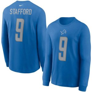 Elegant Unique Exquisite Exclusive Detroit Lions #9 Matthew Stafford Player Name & Number Long Sleeve T-Shirt Blue
