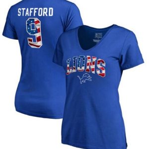 Exclusive Handsome Stylish Premium Women's Detroit Lions #9 Matthew Stafford NFL Pro Line by Fanatics Branded Banner Wave Name & Number T-Shirt Royal
