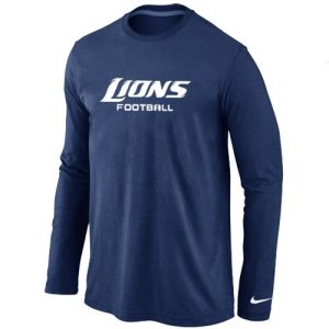 Exclusive Superb Detroit Lions Authentic Font Long Sleeve T-Shirt Dark Blue