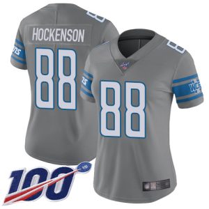 Exclusive Trendy Lions #88 T.J. Hockenson Gray Women's Stitched NFL Limited Rush 100th Season Jersey