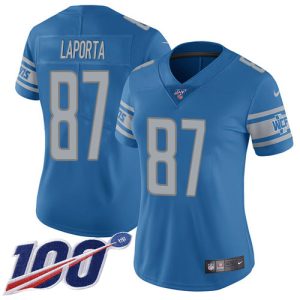 Exquisite Unique Modern Lions #87 Sam LaPorta Blue Team Color Women's Stitched NFL 100th Season Vapor Untouchable Limited Jersey