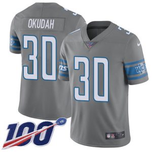 Eye - catching Attractive Sleek Fabulous Lions #30 Jeff Okudah Gray Youth Stitched NFL Limited Rush 100th Season Jersey