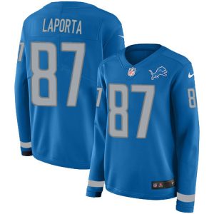 Eye - catching Comfortable Smart Impressive Lions #87 Sam LaPorta Blue Team Color Women's Stitched NFL Limited Therma Long Sleeve Jersey
