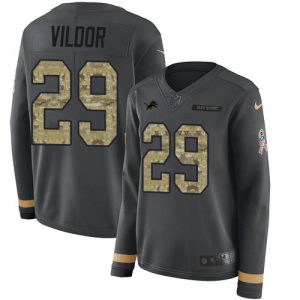 Eye - catching Impressive Lions #29 Kindle Vildor Anthracite Salute to Service Women's Stitched NFL Limited Therma Long Sleeve Jersey