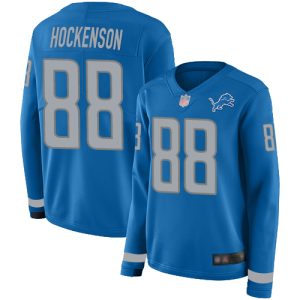 Fantastic Authentic Unique Lions #88 T.J. Hockenson Blue Team Color Women's Stitched NFL Limited Therma Long Sleeve Jersey