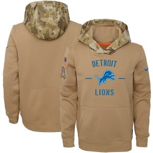 Fantastic Eye - catching Premium Handsome Youth Detroit Lions Khaki 2019 Salute to Service Therma Pullover Hoodie