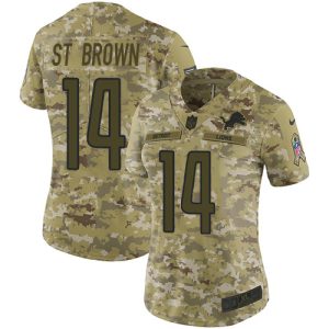 Gorgeous Modern Lions #14 Amon-Ra St. Brown Camo Women's Stitched NFL Limited 2018 Salute To Service Jersey