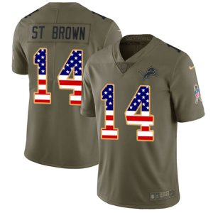 High Quality Sleek Premium Gorgeous Lions #14 Amon-Ra St. Brown Olive/USA Flag Men's Stitched NFL Limited 2017 Salute To Service Jersey