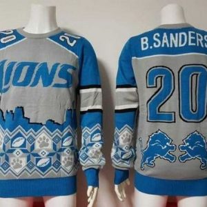 Impressive Authentic Sleek Alluring Lions #20 Barry Sanders Blue/Grey Men's Ugly Sweater