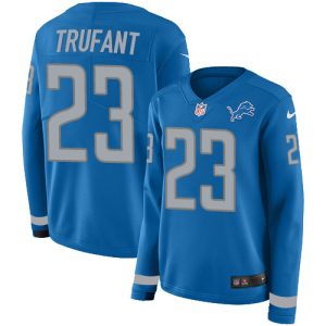Impressive Eye - catching Lions #23 Desmond Trufant Blue Team Color Women's Stitched NFL Limited Therma Long Sleeve Jersey