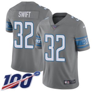Luxurious Stunning Elegant Fabulous Lions #32 D'Andre Swift Gray Youth Stitched NFL Limited Rush 100th Season Jersey
