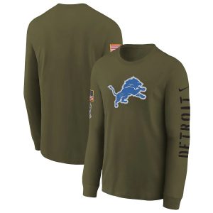 Modern Attractive Detroit Lions Youth 2022 Salute To Service Team Logo Long Sleeve T-Shirt - Olive