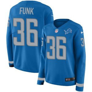 Premium Authentic Superb Lions #36 Jake Funk Blue Team Color Women's Stitched NFL Limited Therma Long Sleeve Jersey
