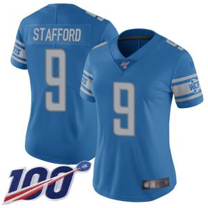 Sleek Stunning Lions #9 Matthew Stafford Blue Team Color Women's Stitched NFL 100th Season Vapor Limited Jersey
