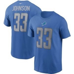 Smart Superb Exclusive Detroit Lions #33 Kerryon Johnson Team Player Name & Number T-Shirt Blue