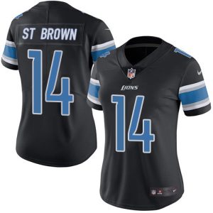 Smart Superb Graceful Lions #14 Amon-Ra St. Brown Black Women's Stitched NFL Limited Rush Jersey