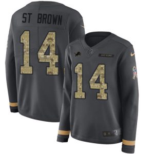 Stunning Marvelous Impressive Lions #14 Amon-Ra St. Brown Anthracite Salute to Service Women's Stitched NFL Limited Therma Long Sleeve Jersey