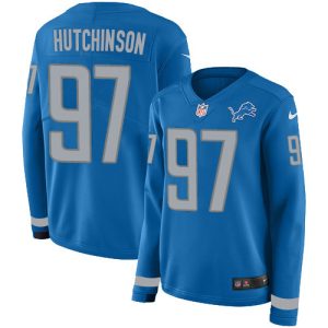 Stylish Comfortable Outstanding Modern Lions #97 Aidan Hutchinson Blue Team Color Women's Stitched NFL Limited Therma Long Sleeve Jersey