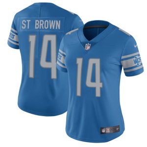 Superb Graceful Classic Exclusive Lions #14 Amon-Ra St. Brown Blue Team Color Women's Stitched NFL Vapor Untouchable Limited Jersey
