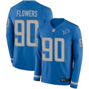 Trendy Outstanding Lions #90 Trey Flowers Blue Team Color Men's Stitched NFL Limited Therma Long Sleeve Jersey