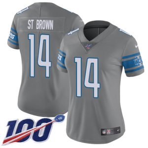 Trendy Premium Stylish Lions #14 Amon-Ra St. Brown Gray Women's Stitched NFL Limited Rush 100th Season Jersey
