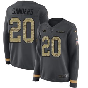 Unique Handsome Cool Lions #20 Barry Sanders Anthracite Salute to Service Women's Stitched NFL Limited Therma Long Sleeve Jersey