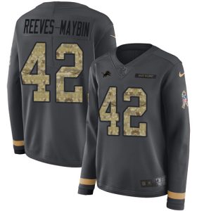 Unique Stylish Classic Lions #42 Jalen Reeves-Maybin Anthracite Salute to Service Women's Stitched NFL Limited Therma Long Sleeve Jersey
